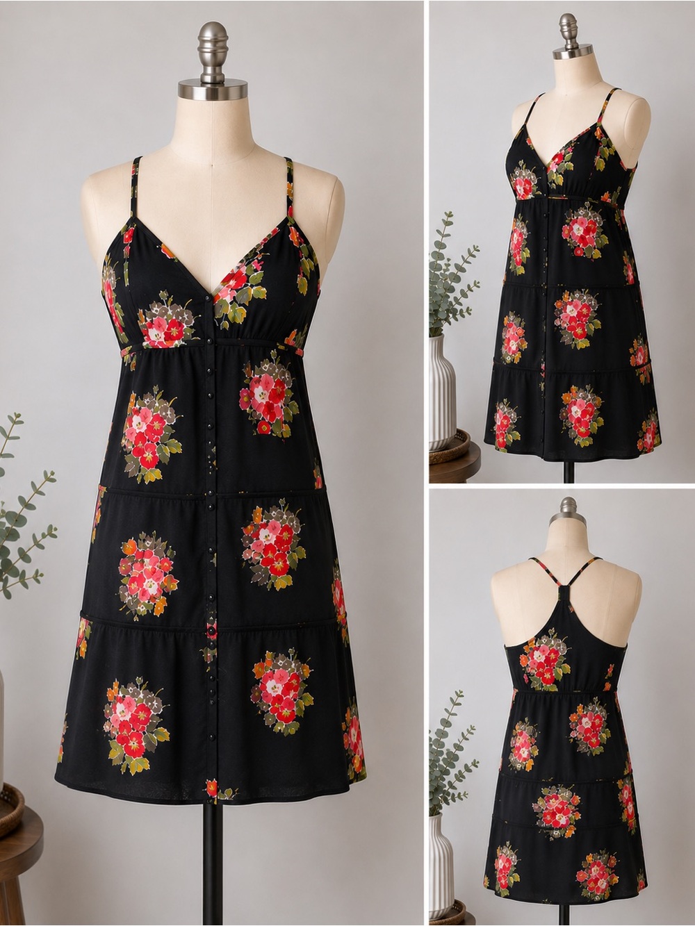 American Eagle Floral Babydoll Sundress Black Floral Spaghetti Strap Size 6